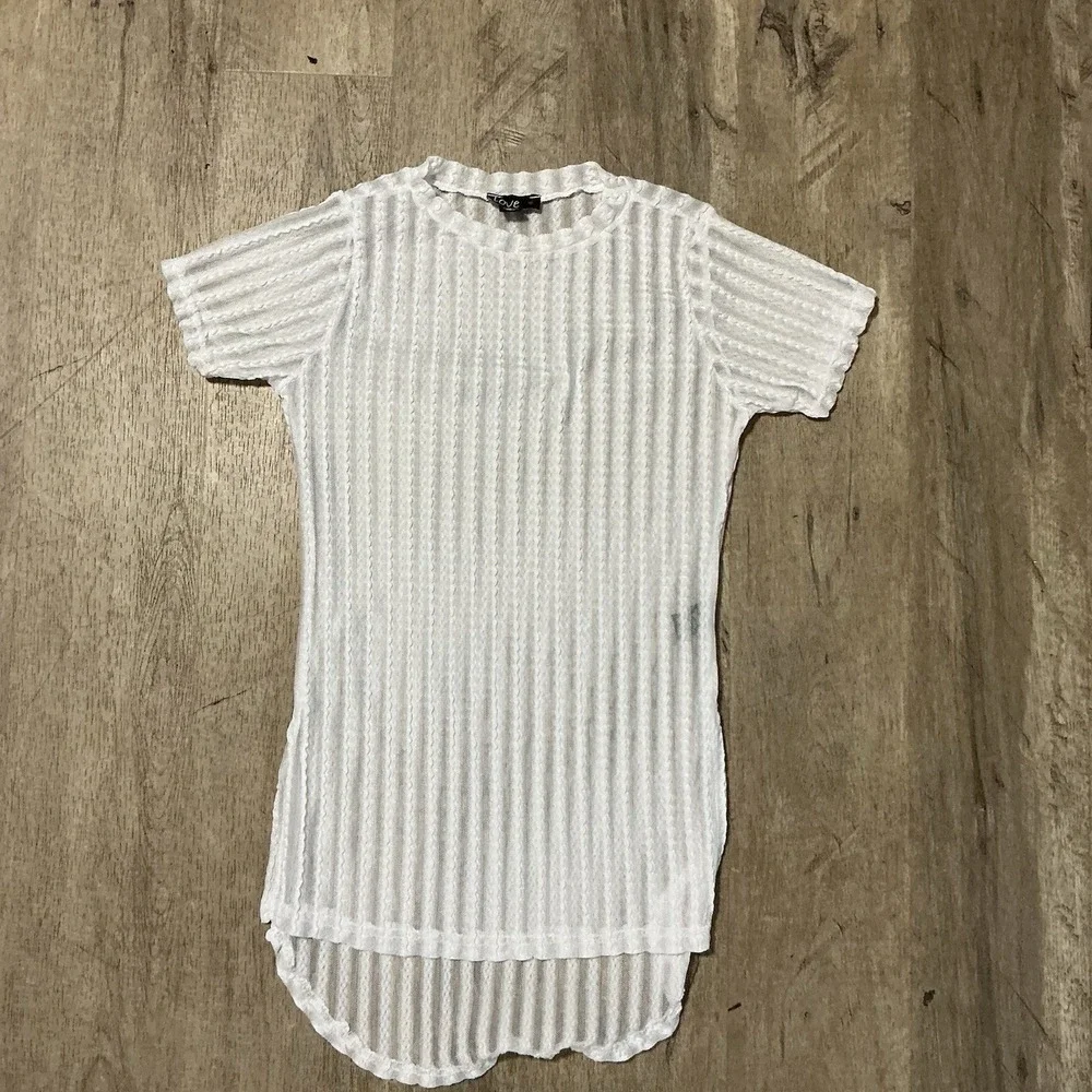 Love Fire Sheer Mesh Ribbed Crop Top Size M White High Low Hem Short Sleeve